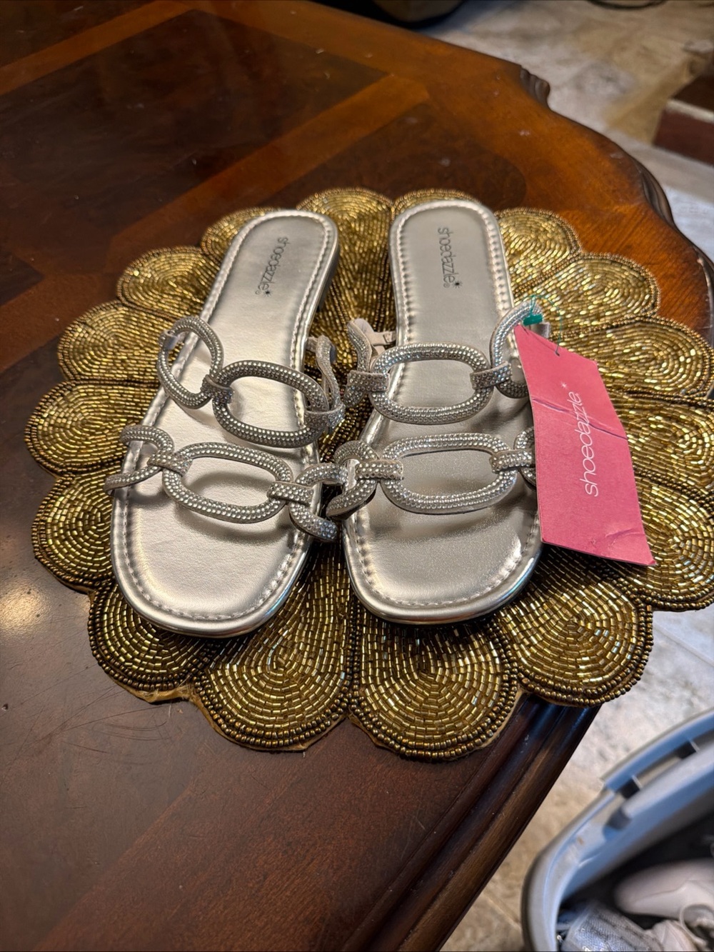 Shoe Dazzle Metallic Silver Double-Link Slide Sandals